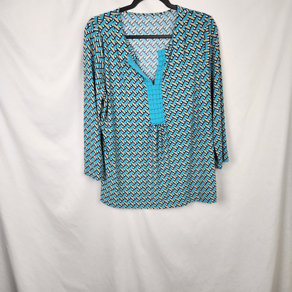 Womens Dressy 3/4 VNeck Blouse Turquoise and Tan‎ Bold Color Business Size Large